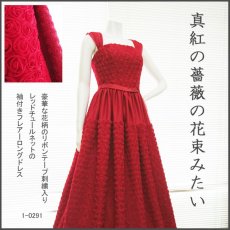 画像1: 【数量限定】豪華な花柄のリボンテープ刺繍入りレッドチュールネットの袖付きフレアーロングドレス (1)