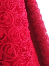 画像17: 【数量限定】豪華な花柄のリボンテープ刺繍入りレッドチュールネットの袖付きフレアーロングドレス (17)
