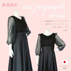 画像1: 数量限定 / ローズ(薔薇)柄カットジャガードの袖付きフレアーロングドレス(ぽわん袖シリーズ) (1)