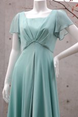 画像4: シャンブレー楊柳ジョーゼットの袖付きフレアーロングドレス(リボン付き) (4)
